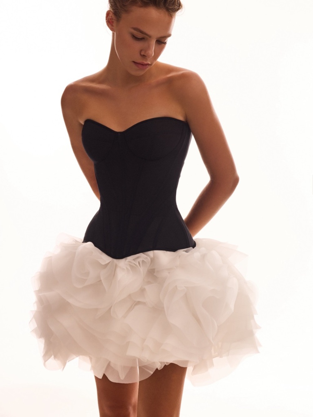 Milla Danceable mini skirt with ruched flower appliques in white, Midnight Walk